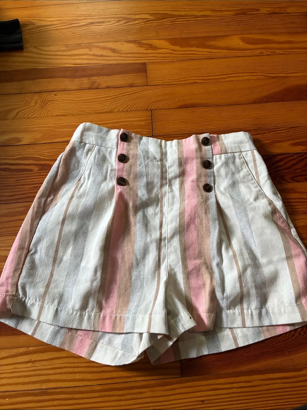 High-Waist Striped Linen-Blend Women's Shorts in Pink and Cream